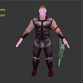3D Muscular Male Character In Blue Armor With Red Armband Holding Weapon Standing Pose