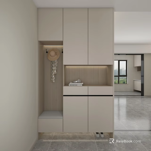 Modern Light Tone Shoe Cabinet With Hat Hook Open Shelf And Bench 3d model