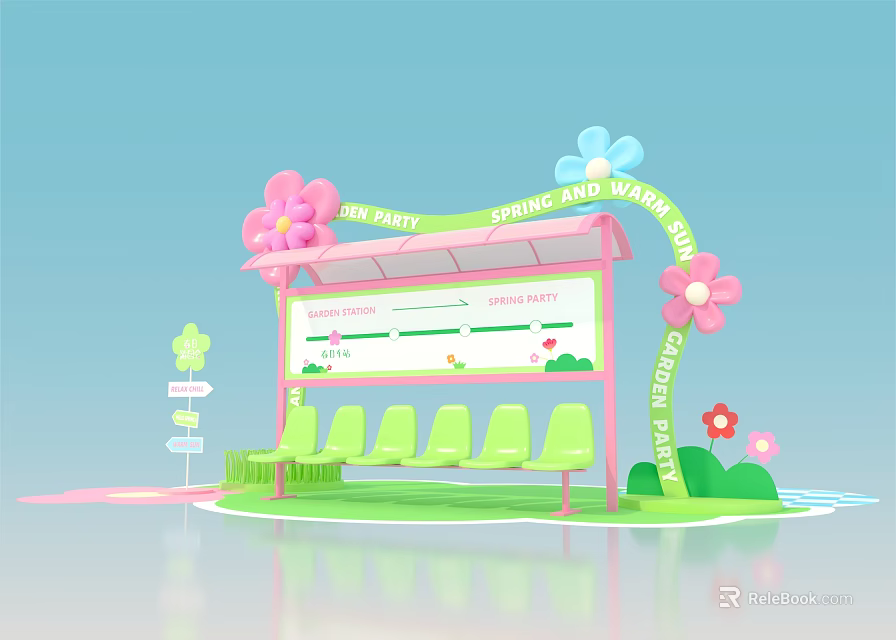 Spring Park Rest Area With Pink Shelter Green Benches And Flower Decorations 3d model 