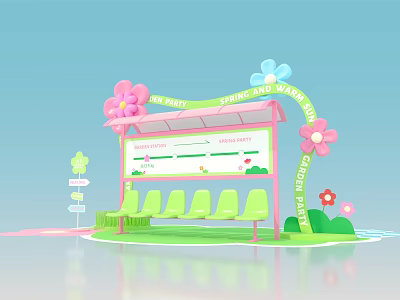 Spring Park Rest Area With Pink Shelter Green Benches And Flower Decorations 3d model