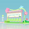 Spring Park Rest Area With Pink Shelter Green Benches And Flower Decorations