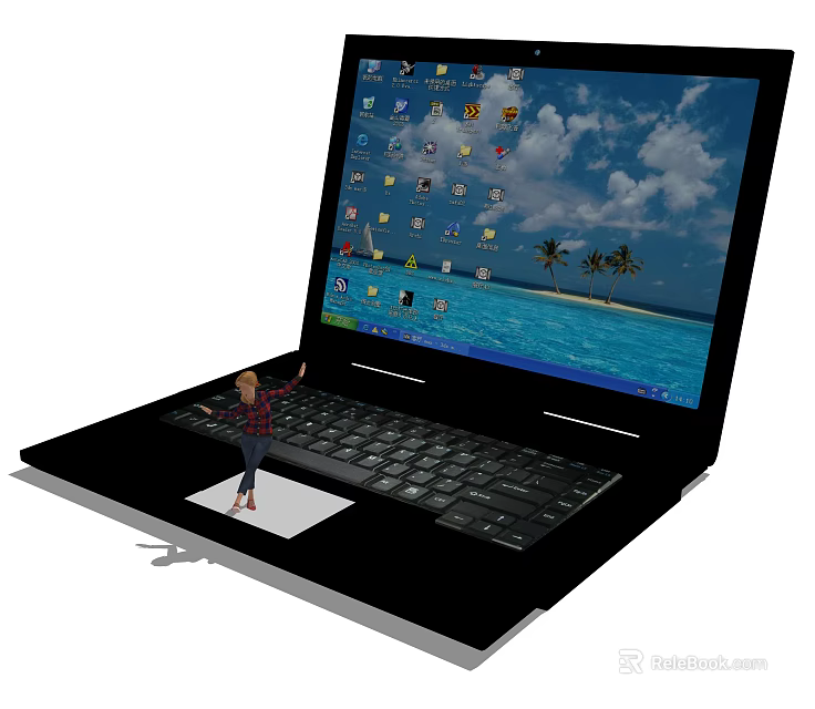 Laptop With Screen Display Icons And Blue Sky Island Background Small Figure Standing On Keyboard 3d model 