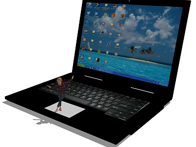 Laptop With Screen Display Icons And Blue Sky Island Background Small Figure Standing On Keyboard 3d model