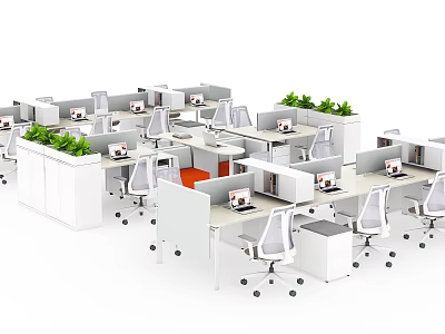 Modern Office Desks In Open Workspace With Ergonomic Chairs Green Plants And Laptops 3d model
