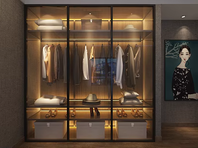 Modern Wardrobe With Glass Doors Hanging Clothes Folded Clothes Hat Shoes And Interior Lighting 3d model