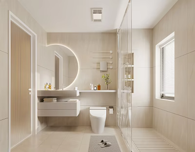 Modern Bathroom Interior With Round Mirror Vanity Toilet And Glass Shower 3d model