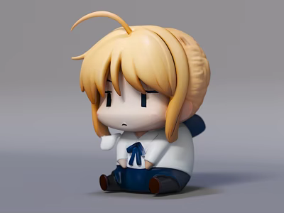 Cute Blonde Hair Anime Doll With Ahoge White Top And Blue Bow Tie Sitting Pose 3d model