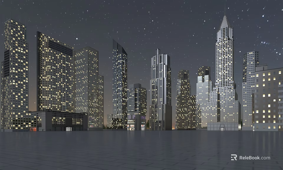 Stunning Night Cityscape With Illuminated Skyscrapers Starry Sky And Empty Ground 3d model 