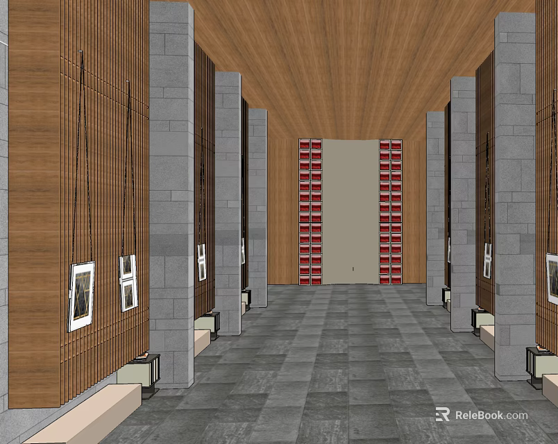 Elegant Hotel Corridor With Wooden Ceiling Gray Stone Pillars Gray Tiled Floor And Framed Paintings 3d model 