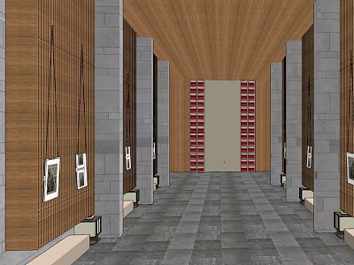 Elegant Hotel Corridor With Wooden Ceiling Gray Stone Pillars Gray Tiled Floor And Framed Paintings 3d model