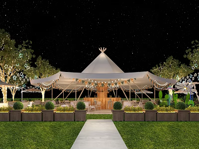 Stunning Garden Landscape With White Tent Decorative Lights Lawn Pathway And Trees 3d model