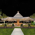 Stunning Garden Landscape With White Tent Decorative Lights Lawn Pathway And Trees