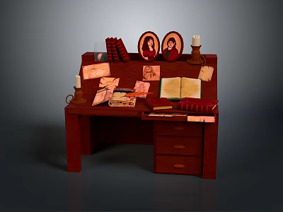 Vintage Wooden Desk with Open Book Stacked Books Candles Portrait Frames and Papers 3d model