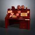 Vintage Wooden Desk with Open Book Stacked Books Candles Portrait Frames and Papers