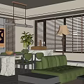 Elegant Modern Restaurant Interior With Marble Dining Table Green Plants And Wooden Blinds