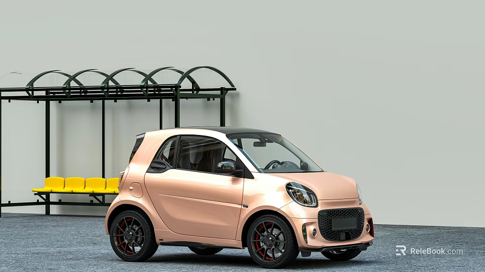 Pink Small Car Parked Next to Bus Stop With Black Wheels and Compact Design 3d model 