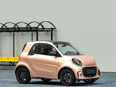 Pink Small Car Parked Next to Bus Stop With Black Wheels and Compact Design 3d model
