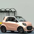 Pink Small Car Parked Next to Bus Stop With Black Wheels and Compact Design