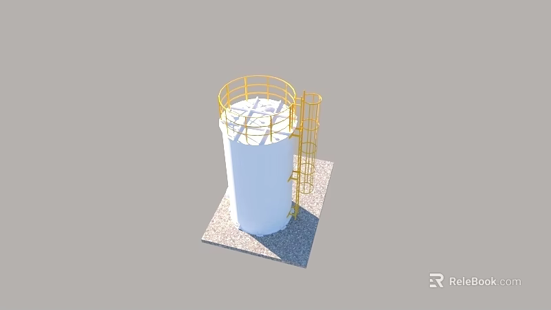 Industrial Storage Tank With White Cylindrical Body Yellow Guardrail Ladder And Concrete Base 3d model 