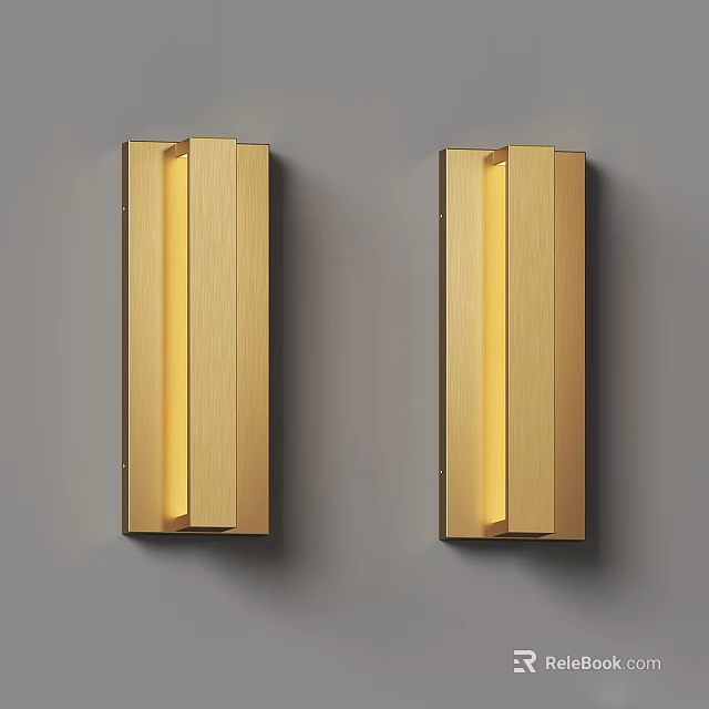 Pair of Golden Modern Wall Lamps with Sleek Metal Design on Grey Wall 3d model 