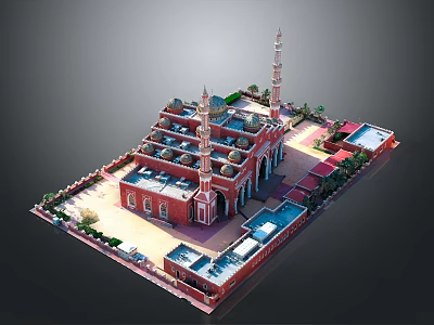 Traditional Islamic Architecture With Red Domes Minarets Courtyard Arches And Greenery 3d model