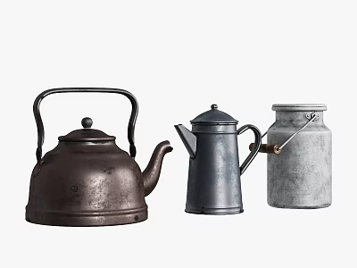Rustic Vintage Metal Teapot Coffee Pot And Milk Can Decorative Collection 3d model
