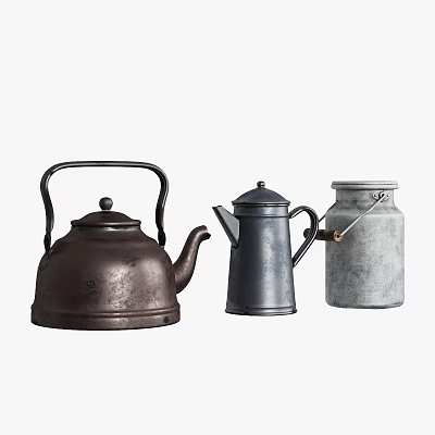 Rustic Vintage Metal Teapot Coffee Pot And Milk Can Decorative Collection 3d model