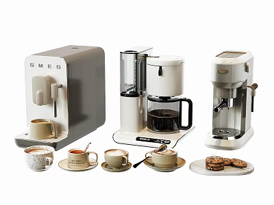 Various Modern Kitchen Appliances Including Coffee Makers With Cups And Cookies 3d model