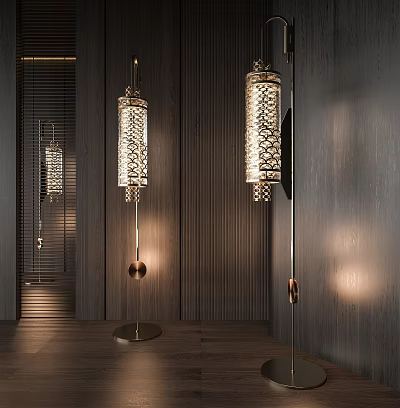 Elegant Modern Floor Lamp With Intricate Brass Design Against Dark Wooden Wall Emitting Warm Glow 3d model