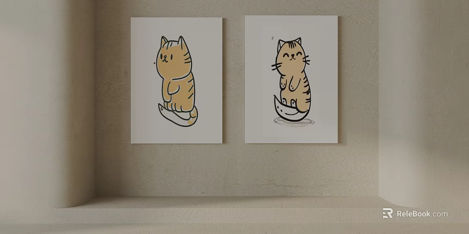 Two Cute Cartoon Cat Illustrations Hanging On Wall Decor Art 3d model
