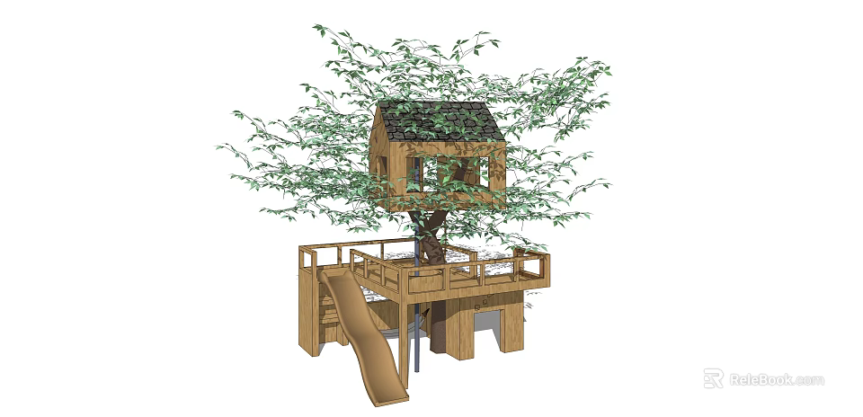 Wooden Treehouse With Slide And Platform Surrounded By Leafy Branches 3d model