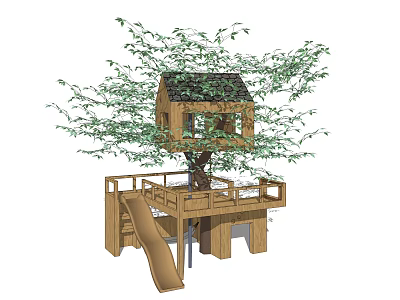 Wooden Treehouse With Slide And Platform Surrounded By Leafy Branches 3d model