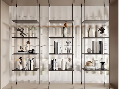 Modern Black Metal Storage Shelves Displaying Books Vases and Decorative Items on Light Louvered Wall 3d model
