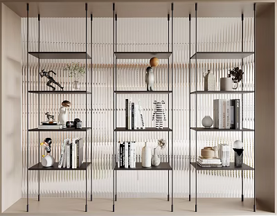 Modern Black Metal Storage Shelves Displaying Books Vases and Decorative Items on Light Louvered Wall 3d model