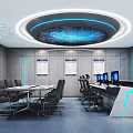 Modern Public Office Area with Reception Desk Large Screen Display and Indoor Plants