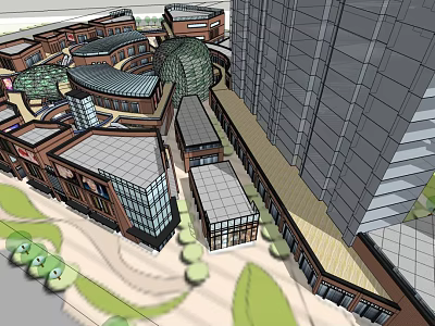 Modern Commercial Street With Glass Facades Pedestrian Walkways And Green Landscaping 3d model