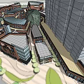 Modern Commercial Street With Glass Facades Pedestrian Walkways And Green Landscaping