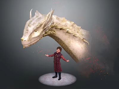 Boy In Red Coat Standing With Giant White Dragon And Red Particles 3d model
