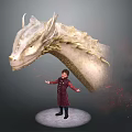 Boy In Red Coat Standing With Giant White Dragon And Red Particles