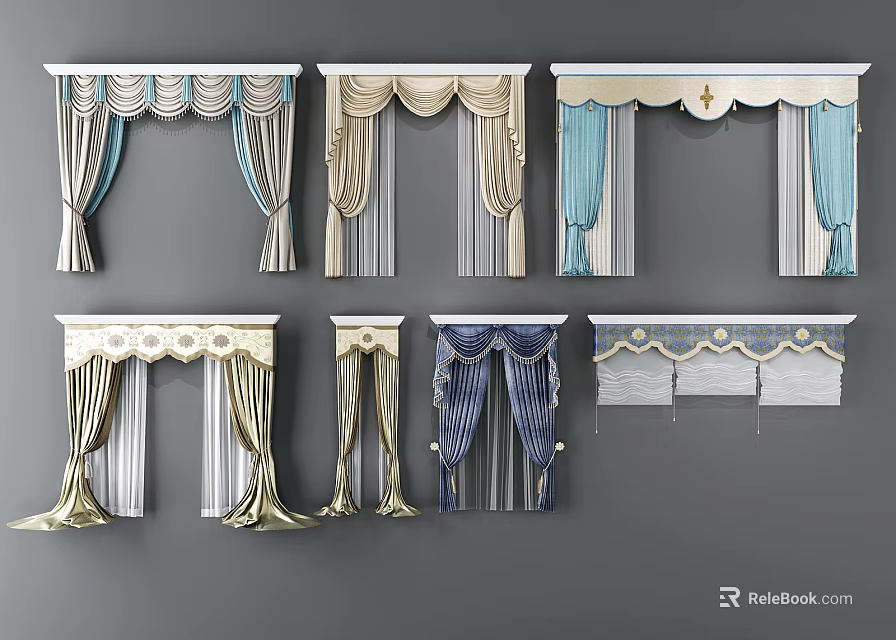 Various Elegant Curtain Designs With Blue Beige And Gold Decorative Elements 3d model 