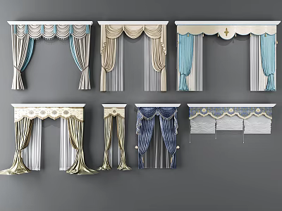 Various Elegant Curtain Designs With Blue Beige And Gold Decorative Elements 3d model