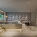 Relaxing SPA Sauna Interior With Massage Bed Bathtub Green Window View And Wooden Shelves