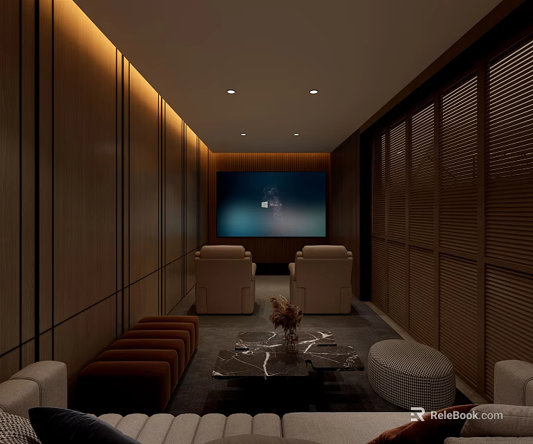 Modern Home Theater Interior With Wooden Walls Projection Screen Comfortable Seats And Ambient Lighting 3d model 