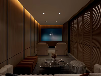 Modern Home Theater Interior With Wooden Walls Projection Screen Comfortable Seats And Ambient Lighting 3d model