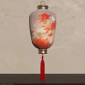 Traditional White Lantern With Red Maple Leaf Patterns And Red Tassel On Light Textured Wall 3d model