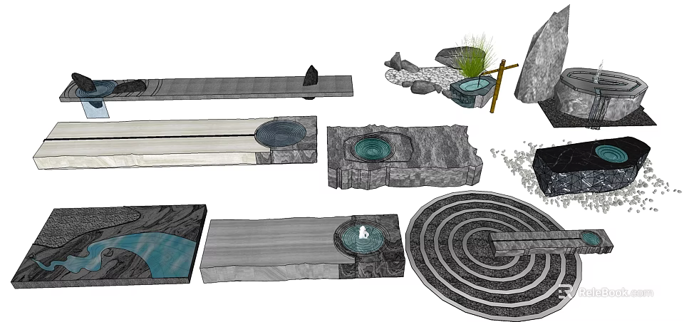 Creative Garden Ornaments With Stone Benches Water Basins And Maze Patterns 3d model 