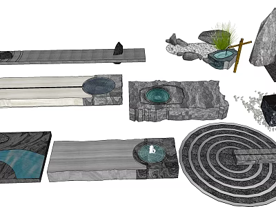 Creative Garden Ornaments With Stone Benches Water Basins And Maze Patterns 3d model