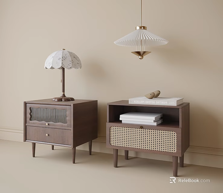 Modern Wooden Bedside Tables With Lamp Books Drawer Lattice And Woven Panel 3d model 