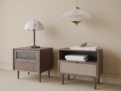 Modern Wooden Bedside Tables With Lamp Books Drawer Lattice And Woven Panel 3d model
