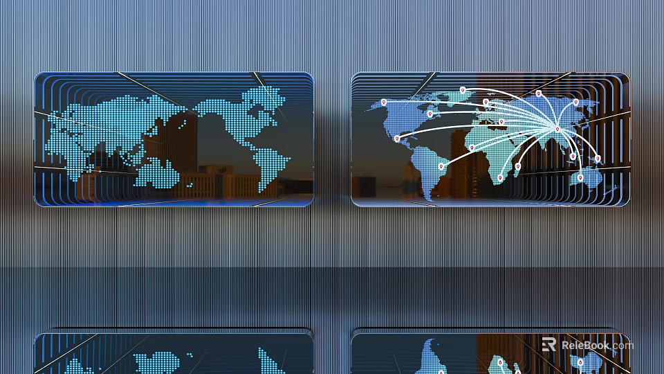 Business Digital Display Screens Featuring World Map And Connection Lines On Metal Wall 3d model 
